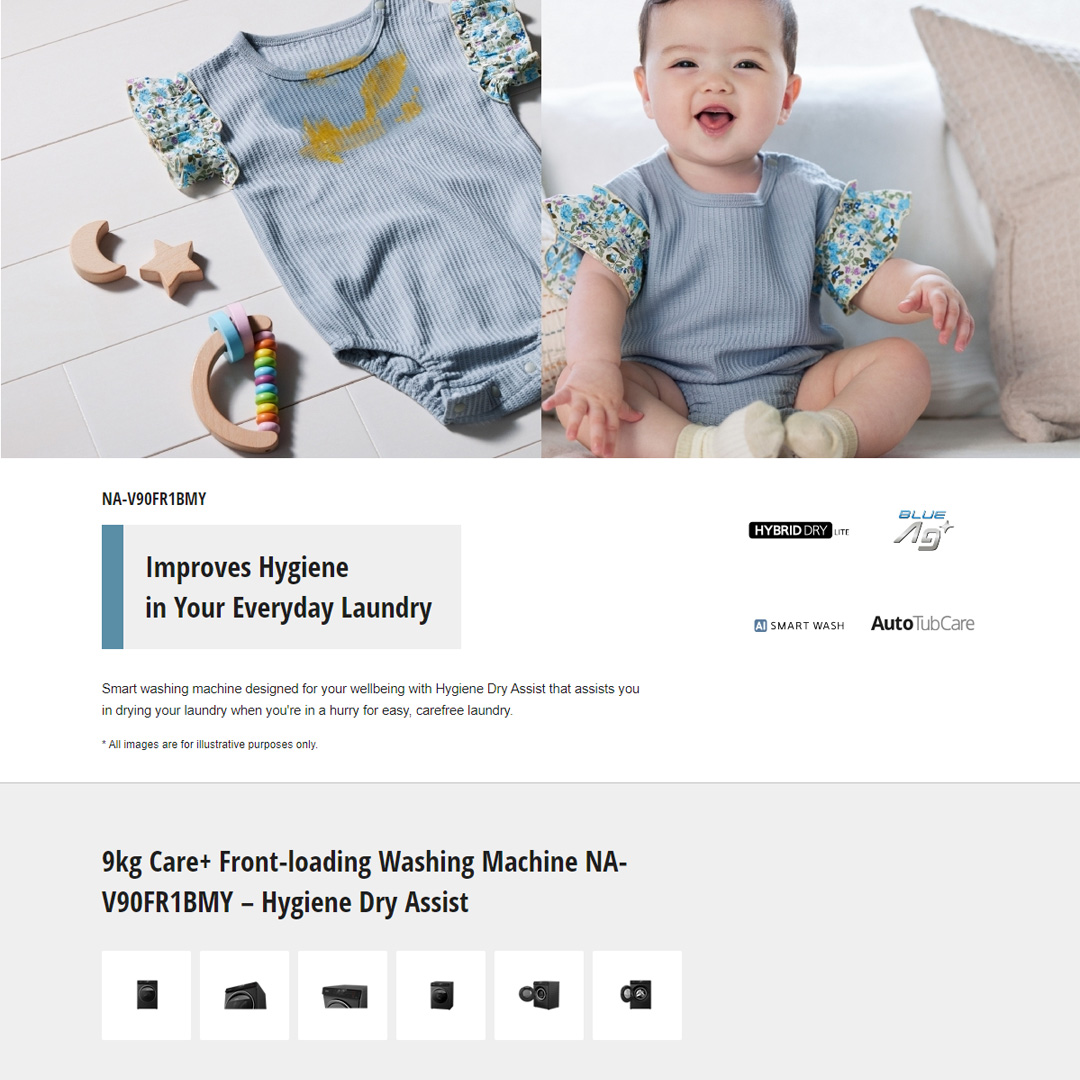 Panasonic 9KG Front Load 3Di Inverter Washing Machine NA-V90FR1BMY | Improves Hygiene in Your Everyday Laundry | Hygienic Drying with Bacteria Elimination | Eliminates 99.99%*¹ Bacteria with Cold Wash | Washing Machine With 1 Year Warranty