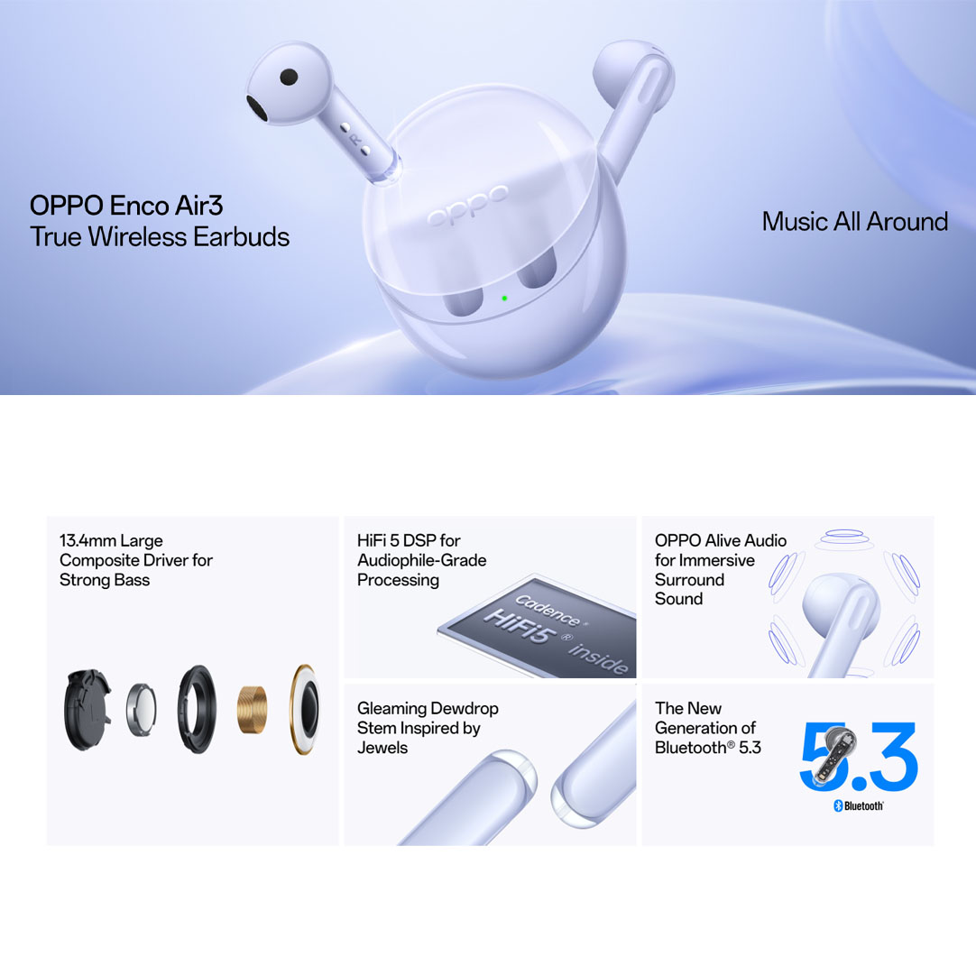OPPO Enco Air3 | Translucent Jelly Case | HiFi 5 DSP for Audiophile-Grade Processing | 13.4mm Large Composite Driver | AI Deep Noise Cancellation for Calls | Binaural Low-latency with Bluetooth® 5.3 Transmission | Earbuds with 1 Year Warranty