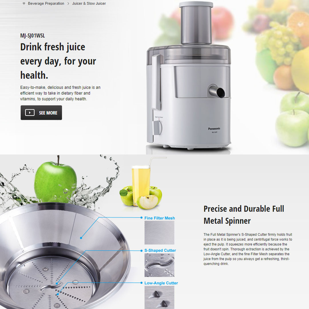 Panasonic 2L Wide Tube Juicer MJ-SJ01WSL | Spinner Material | 230W Power Consumption | Large Feeding Tube | Juice Extractor with 1 Year Warranty