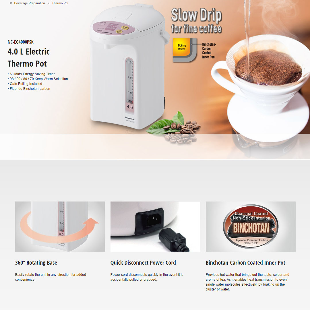 Panasonic 4L Thermo Pot NC-EG4000PSK | Secure Dispenser Lock | Temperature Selector | Easy-to-Read Water Gauge | Thermopots with 1 Year Warranty