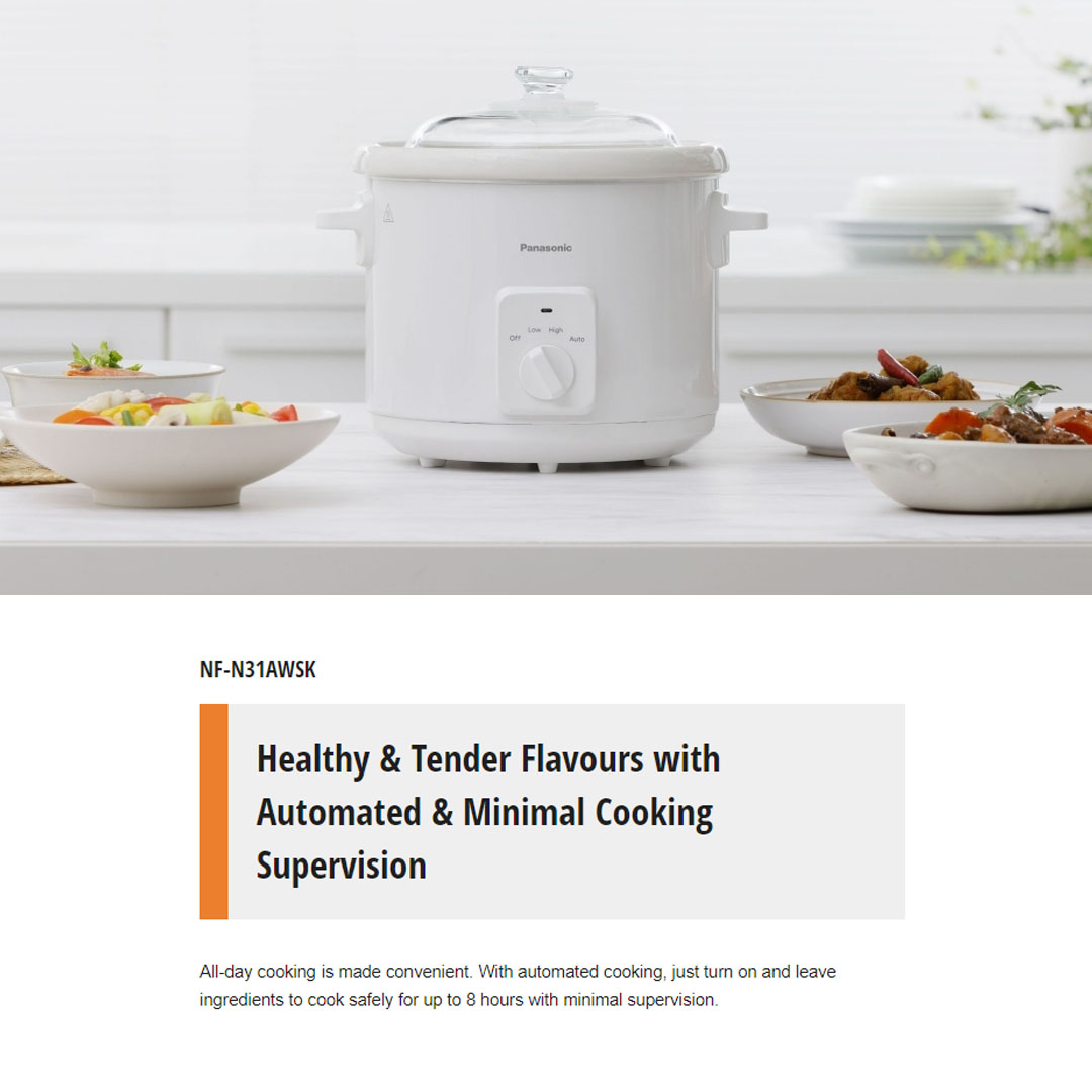Panasonic 3L Slow Cooker NF-N31AWSK | 3 Heat Settings | Various Recipes | Easy To Clean | High Quality Ceramic Pot | Slow Cooker with 1 Year Warranty