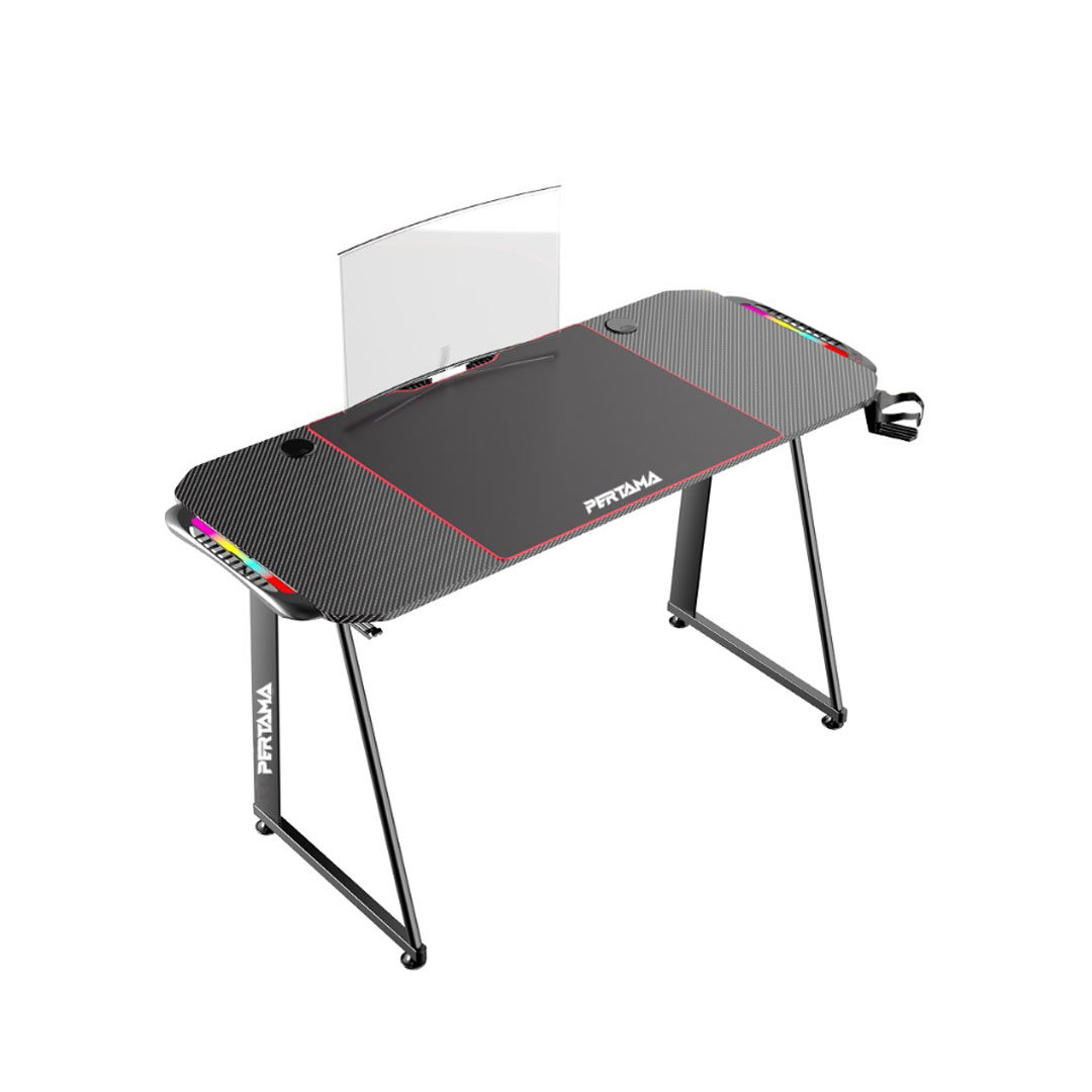 Pertama A1 Gaming Desk Gaming Table | Non-slip Carbon Fiber Tabletop | Dimension: 140 X 60 X 75 CM | With Headset Hook & Cup Holder | Gaming Table with 2 Years Warranty