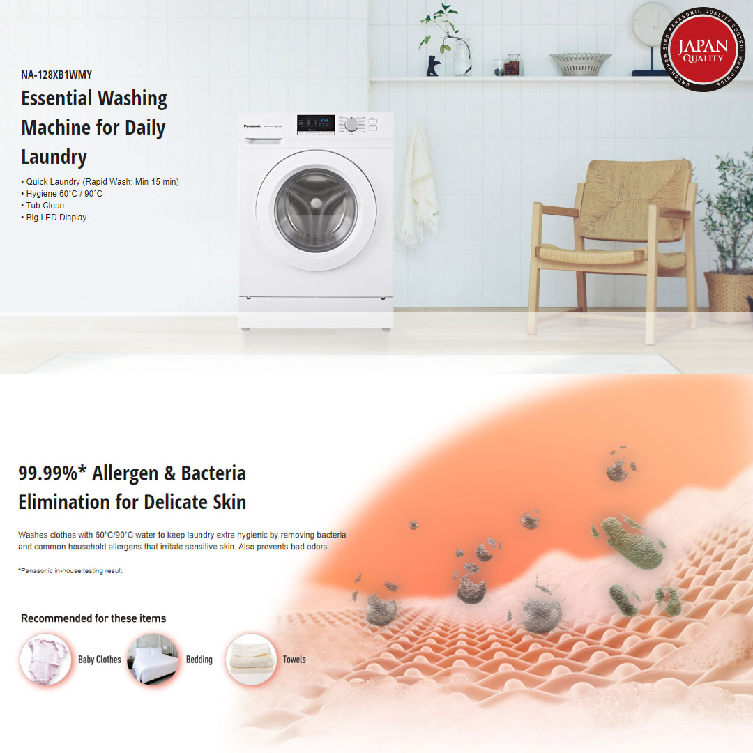 Panasonic 8KG Front Load Quick Laundry Washing Machine NA-128XB1WMY | Big LED Display | Tub Clean | Quick Laundry | Hygiene 60°C/90°C | Washing Machine with 1 Year Warranty