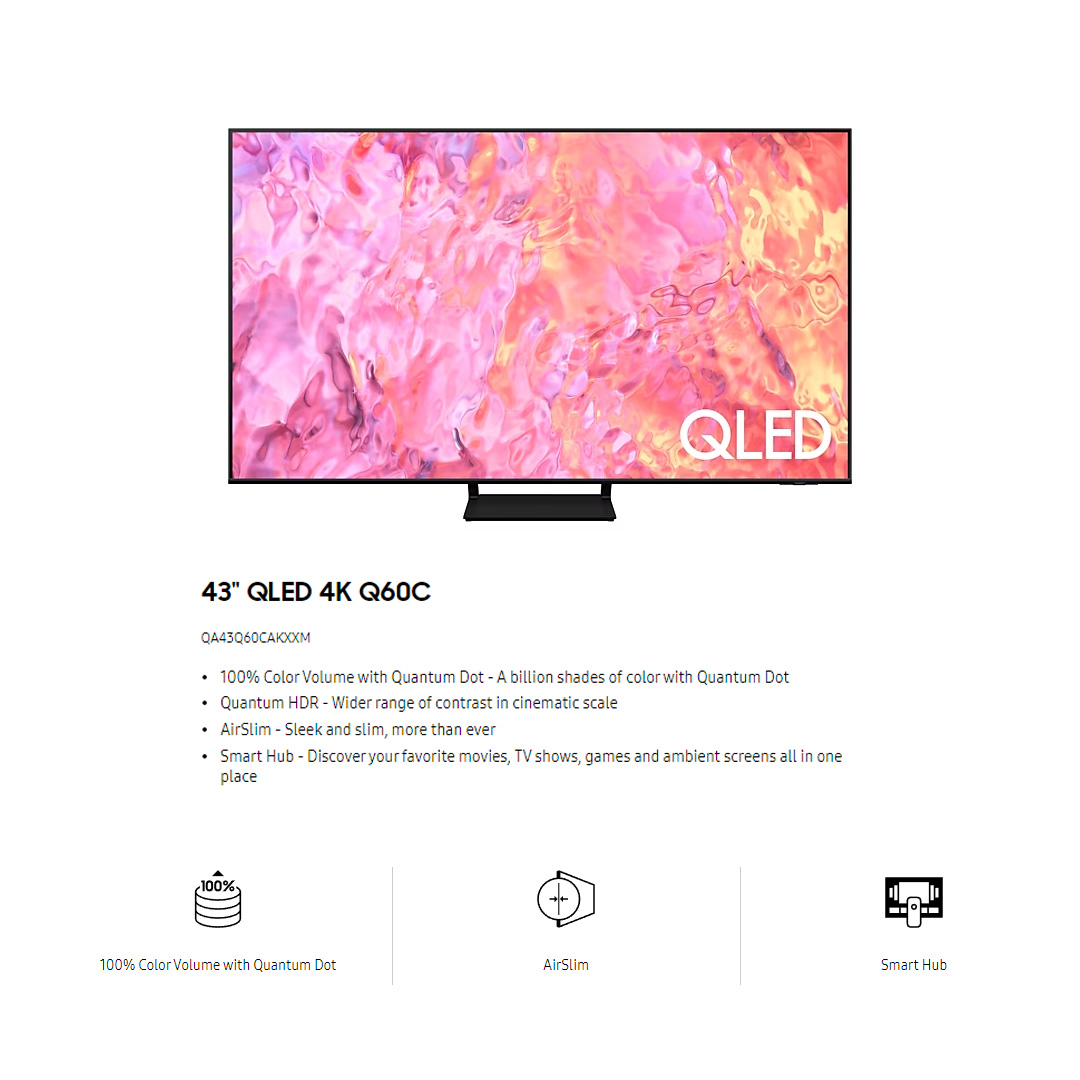 SAMSUNG 43" 4K UHD Smart QLED TV QA43Q60CAKXXM | Quantum HDR | AirSlim | Smart Hub | WiFi Direct | Smart TV with 2 Year Warranty