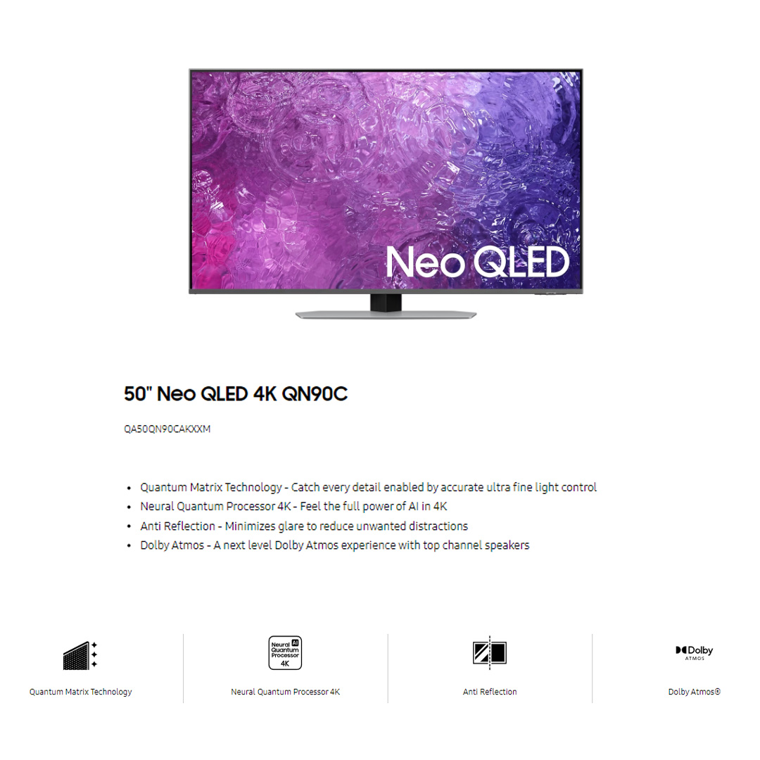 SAMSUNG 50" 4K UHD Smart NEO QLED TV QA50QN90CAKXXM | Anti Reflection | Dolby Atmos | Smart Hub | SmartThings | HDR | HDMI | Smart TV with 2 Year Warranty