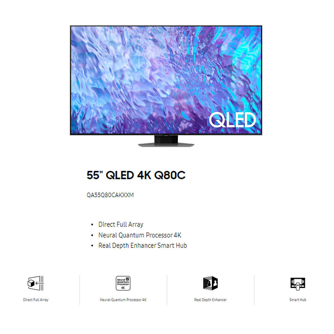 SAMSUNG 55" 4K UHD Smart QLED TV QA55Q80CAKXXM | Tizen™ Smart TV | Dolby Atmos | Smart Hub | SmartThings | HDR | HDMI | Smart TV with 2 Year Warranty