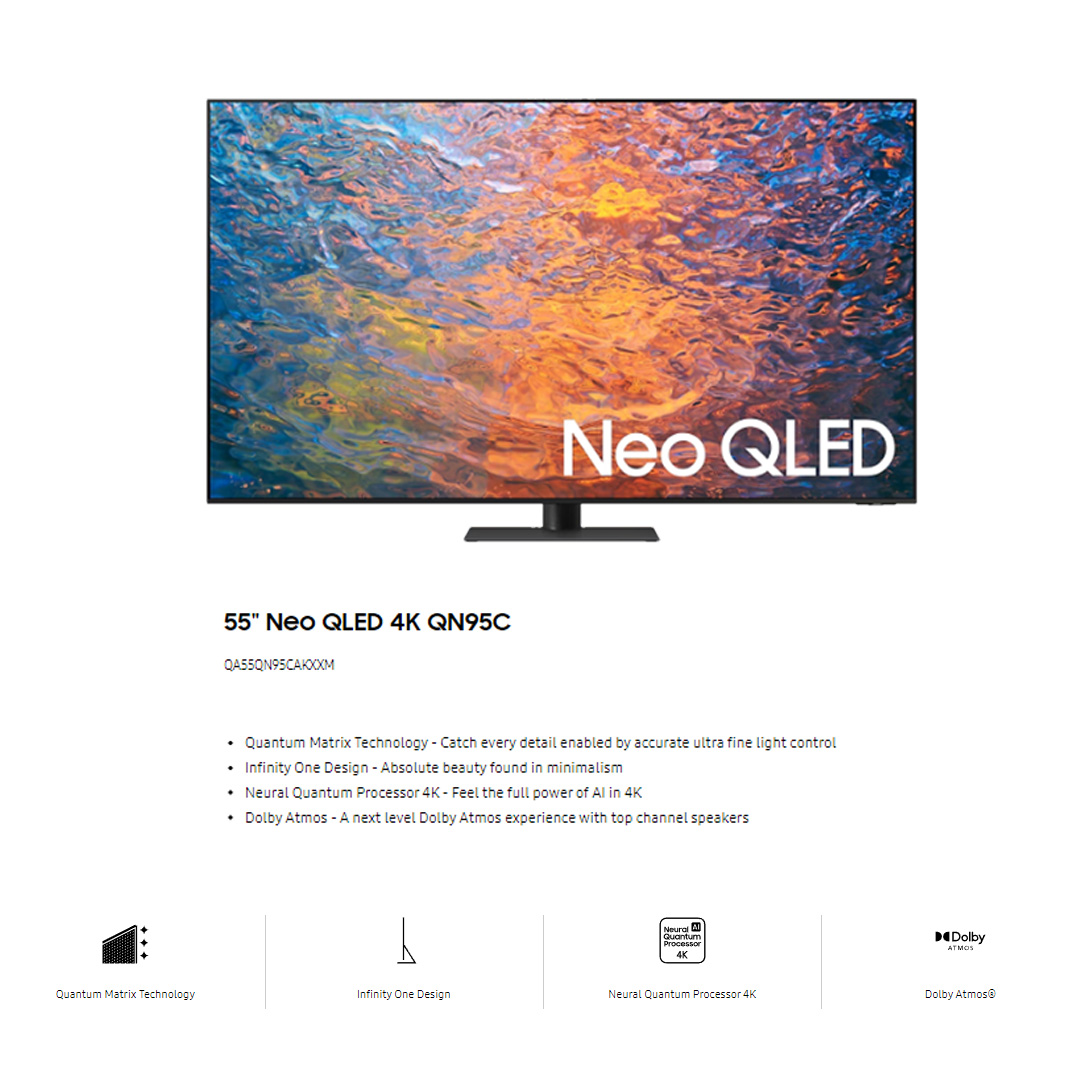 SAMSUNG 55" 4K UHD Smart NEO QLED TV QA55QN95CAKXXM | Quantum Matrix Technology Pro | Neural Quantum Processor 4K | Ultimate UHD Dimming Pro | Infinity One Design | Dolby Atmos | Smart TV with 2 Year Warranty