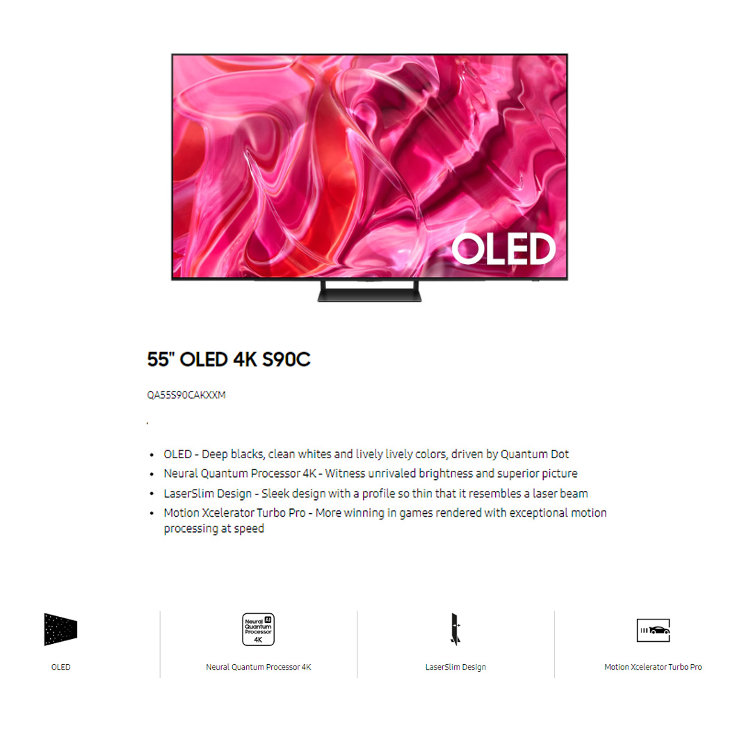 SAMSUNG 55" 4K UHD Smart OLED TV QA55S90CAKXXM | LaserSlim Design | Dolby Atmos | Smart Hub | SmartThings | HDR | HDMI | Smart TV with 2 Year Warranty