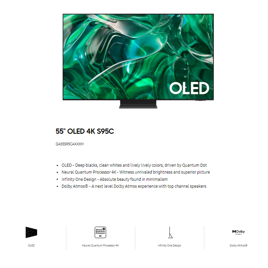 SAMSUNG 55" 4K UHD Smart OLED TV QA55S95CAKXXM | Infinity One Design | Dolby Atmos | Smart Hub | SmartThings | HDR | HDMI | Smart TV with 2 Year Warranty