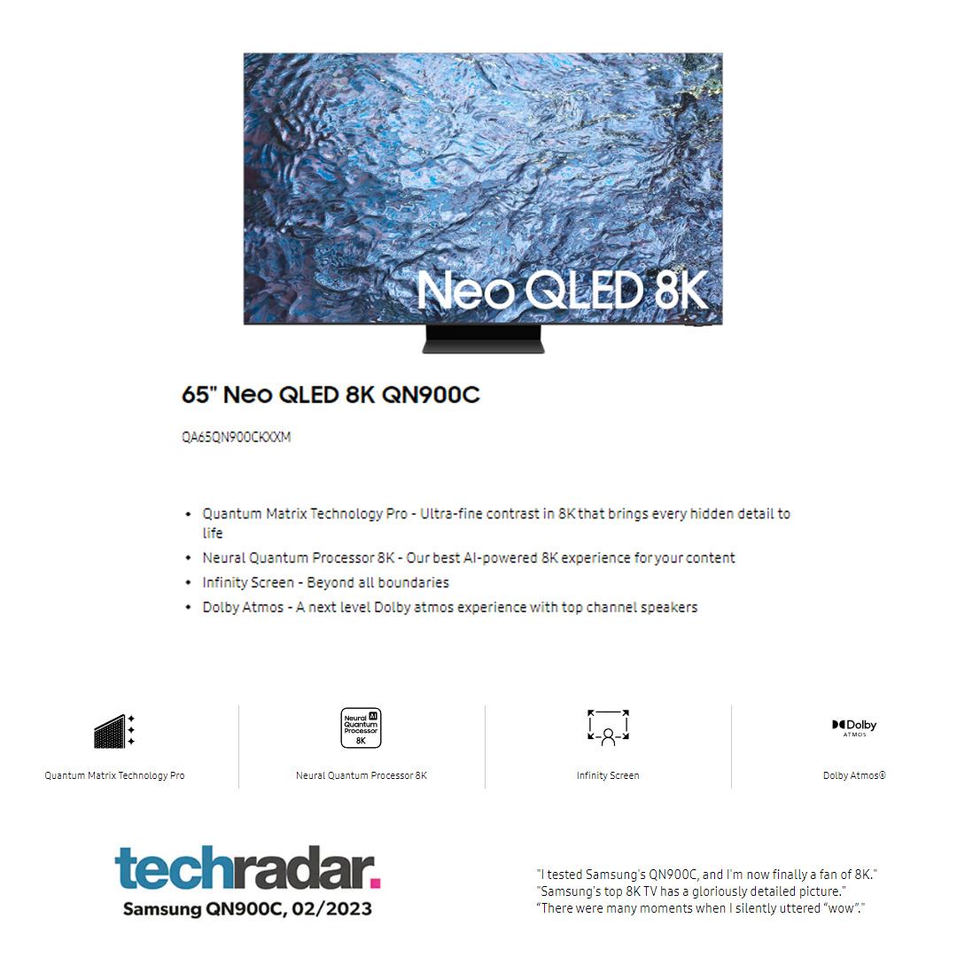 SAMSUNG 65" 8K UHD Smart QLED TV QA65QN900CKXXM | Infinity Screen | Dolby Atmos | Smart Hub | SmartThings | HDR | HDMI | Smart TV with 2 Year Warranty