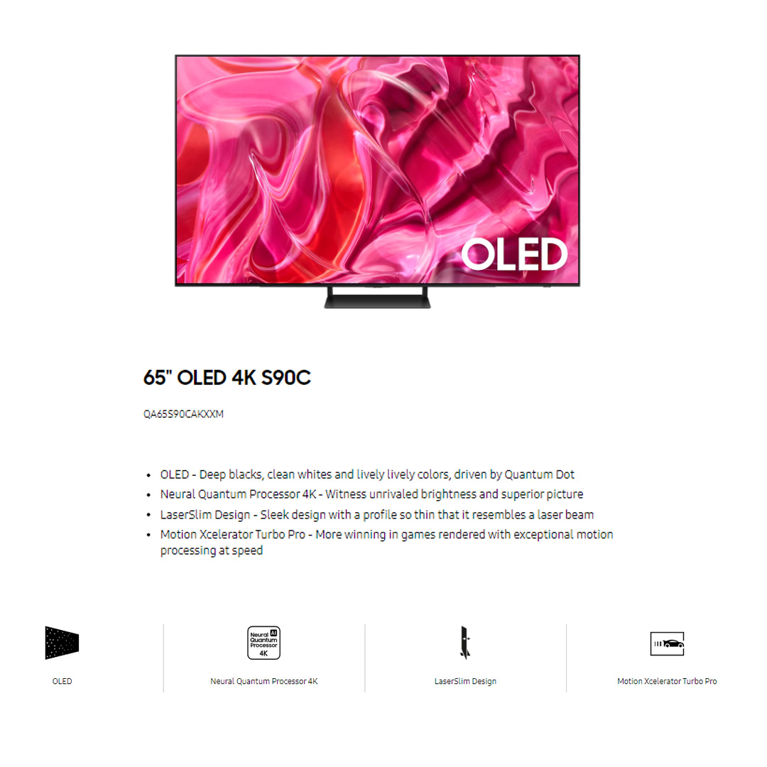 SAMSUNG 65" 4K UHD Smart OLED TV QA65S90CAKXXM | ILaserSlim Design  | Dolby Atmos | Smart Hub | SmartThings | HDR | HDMI | Smart TV with 2 Year Warranty