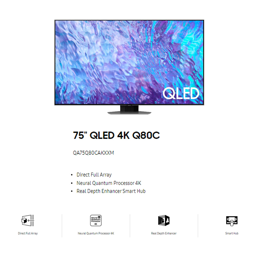 SAMSUNG 75" 4K UHD Smart QLED TV QA75Q80CAKXXM | Tizen™ Smart TV | Dolby Atmos | Smart Hub | SmartThings | HDR | HDMI | Smart TV with 2 Year Warranty