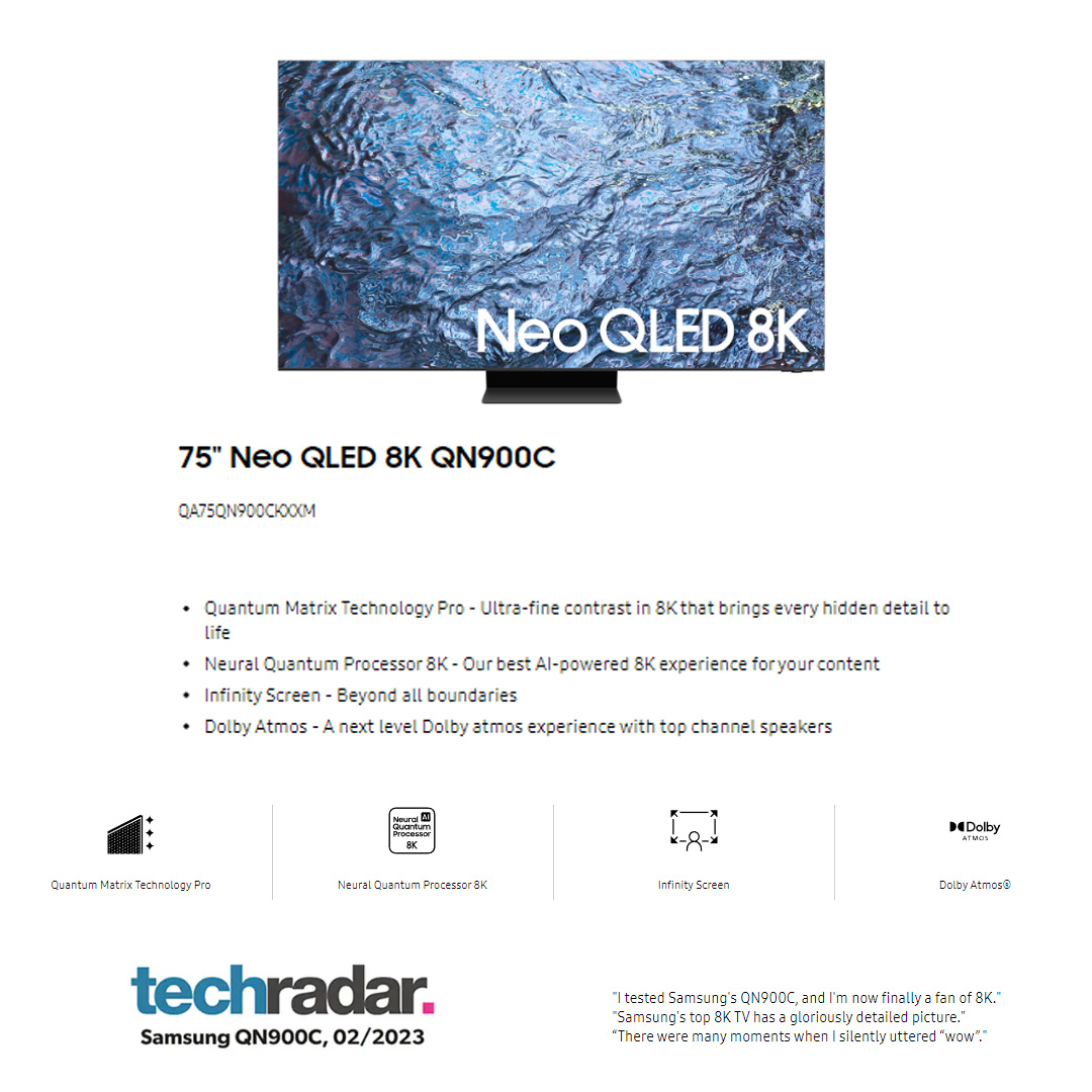 SAMSUNG 75" 8K UHD Smart QLED TV QA75QN900CKXXM | Infinity Screen | Dolby Atmos | Smart Hub | SmartThings | HDR | HDMI | Smart TV with 2 Year Warranty