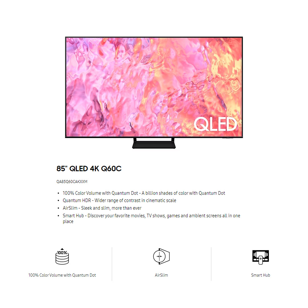 SAMSUNG 85" 4K UHD Smart QLED TV QA85Q60CAKXXM | Quantum HDR | AirSlim | Smart Hub | WiFi Direct | Smart TV with 2 Year Warranty