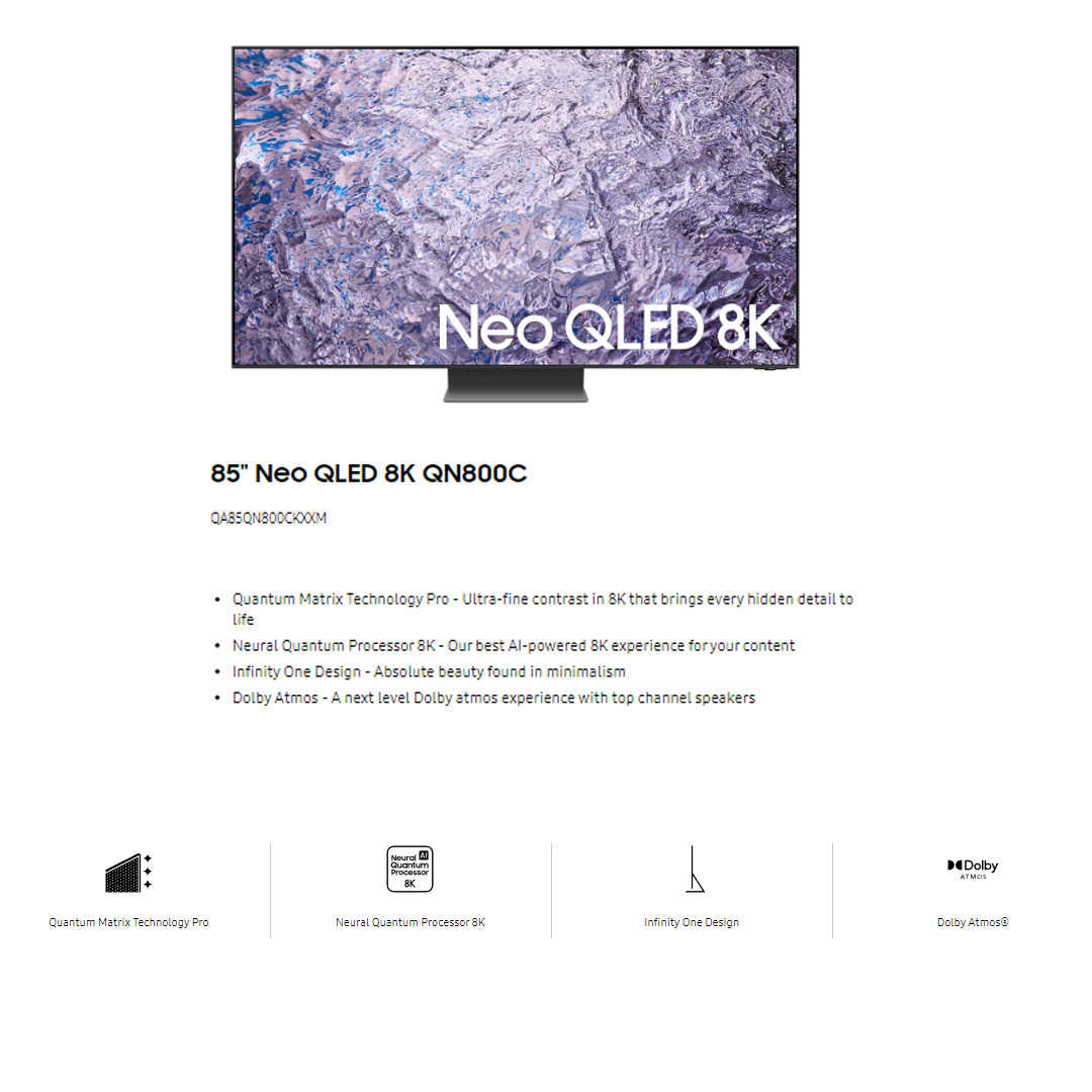 SAMSUNG 85" 8K UHD Smart QLED TV QA85QN800CKXXM | Anti Reflection | Dolby Atmos | Smart Hub | SmartThings | HDR | HDMI | Smart TV with 2 Year Warranty