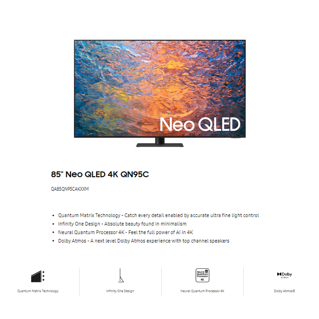 SAMSUNG 85" 4K UHD Smart NEO QLED TV QA85QN95CAKXXM | Infinity One Design | Dolby Atmos | Smart Hub | SmartThings | HDR | HDMI | Smart TV with 2 Year Warranty