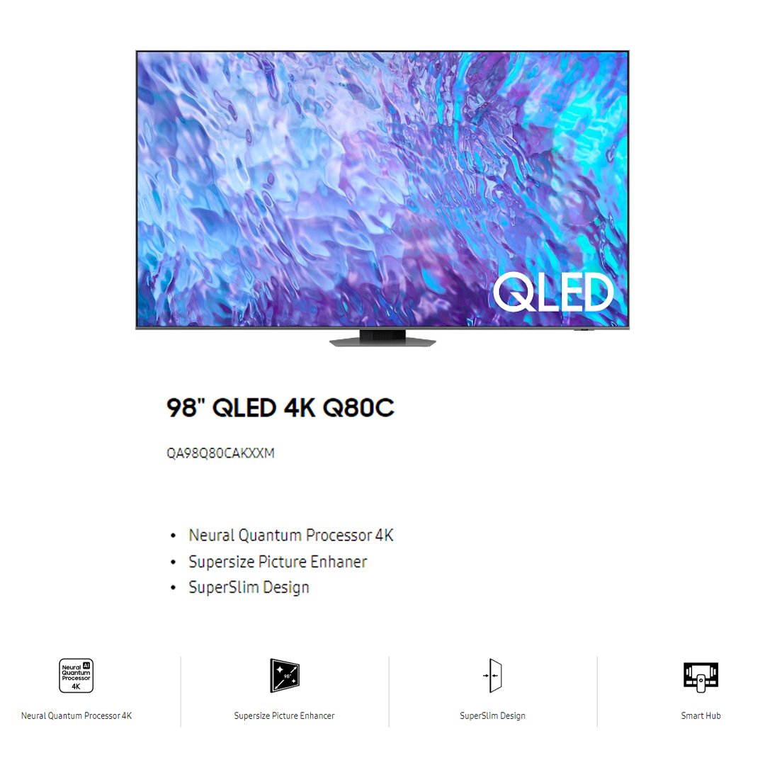 SAMSUNG 98" 4K UHD Smart QLED TV QA98Q80CAKXXM | Tizen™ Smart TV | Dolby Atmos | Smart Hub | SmartThings | HDR | HDMI | Smart TV with 2 Year Warranty