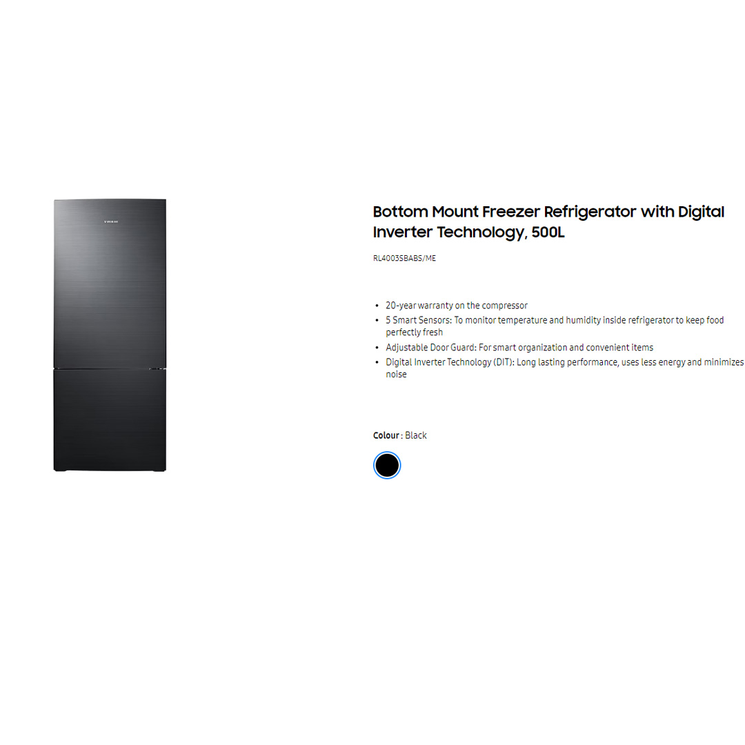 SAMSUNG 500L 2 Doors Bottom Mount Digital Inverter Refrigerator Black (O) RL4003SBABS/ME | All-Around Cooling | Less Energy Consumption | Less Noise | No Frost | Refrigerator with 1 Year Warranty