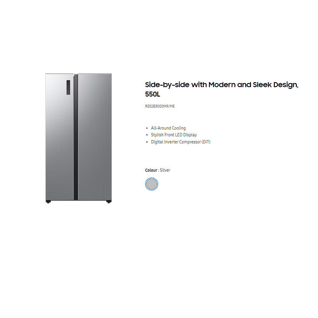 SAMSUNG 550L Side by Side Digital Inverter Refrigerator with Modern and Sleek Design RS52B3000M9/ME | All Around Cooling | Power Freeze | Deodorizing Filter | Refrigerator with 1 Year Warranty