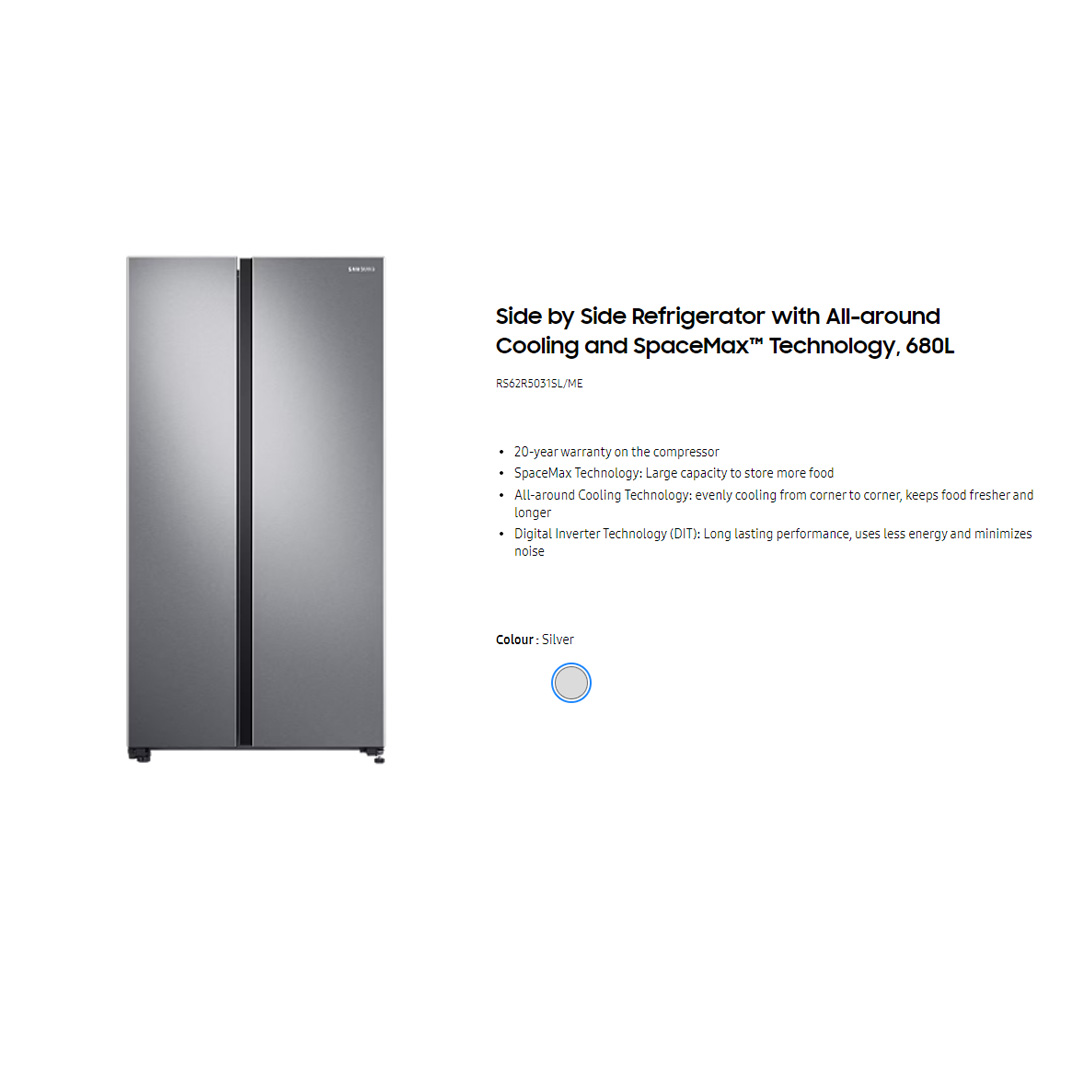 SAMSUNG 680L Side by Side Digital Inverter Refrigerator with All-around Cooling and SpaceMax RS62R5031SL/ME | Power Cool | Power Freeze | Metal Cooling | Deodorizing Filter | Refrigerator with 1 Year Warranty