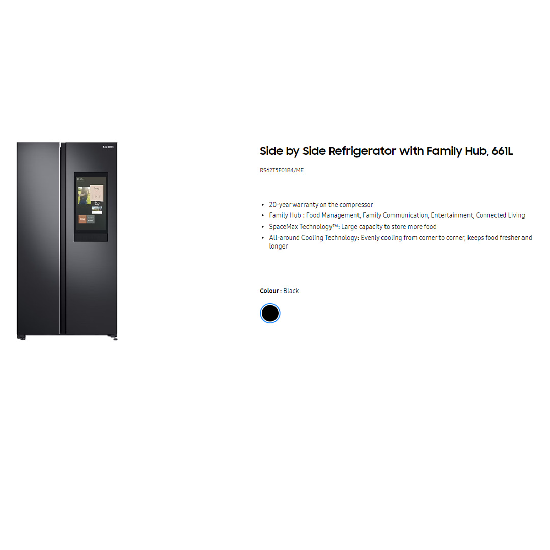 SAMSUNG 661L Side by Side Digital Inverter Refrigerator with Family Hub RS62T5F01B4/ME | View Inside | Smart View | TuneIn/Spotify | Internet | Refrigerator with 1 Year Warranty