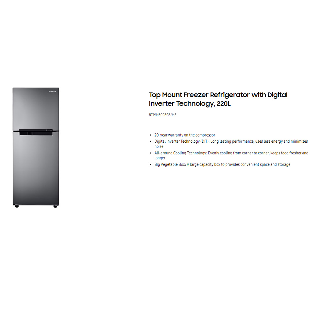 SAMSUNG 220L 2 Doors Top Mount Digital Inverter Refrigerator RT19M300BGS/ME | All-Around Cooling | Less Energy Consumption | Less Noise | No Frost | Refrigerator with 1 Year Warranty