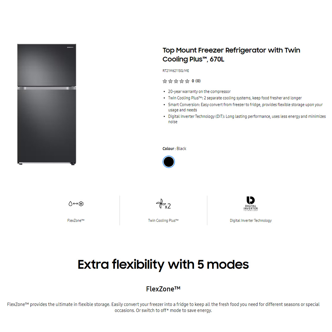 SAMSUNG 670L 2 Doors Top Mount Digital Inverter Refrigerator with Twin Cooling Plus RT21M6211SG/ME | FlexZone™ | Power Cool Function | Reversible Door | Twin Cooling Plus™ | Refrigerator with 1 Year Warranty