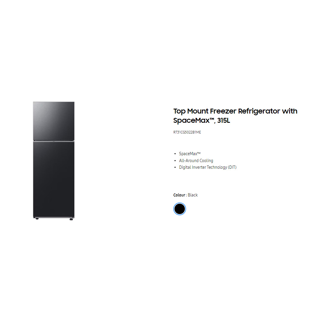 SAMSUNG 315L 2 Doors Top Mount Digital Inverter Refrigerator with Optimal Fresh RT31CG5022B1ME | SpaceMax™ | All-Around Cooling | Multi Flow | No Frost | Mono Cooling | Refrigerator with 1 Year Warranty