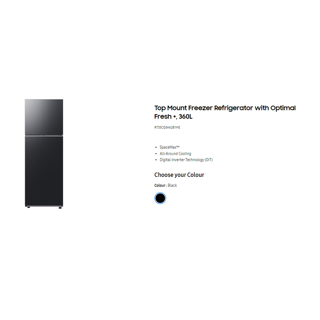 SAMSUNG 360L 2 Doors Top Mount Digital Inverter Refrigerator with Optimal Fresh RT35CG5442B1ME | SpaceMax™ | All-Around Cooling | Multi Flow | No Frost | Mono Cooling | Refrigerator with 1 Year Warranty
