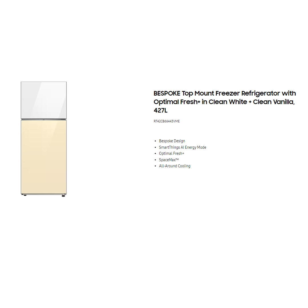 SAMSUNG 427L 2 Doors Bespoke Top Mount Digital Inverter Refrigerator with Optimal Fresh RT42CB66443VME | SpaceMax™ | All-Around Cooling | Multi Flow | Optimal Fresh Zone | Refrigerator with 1 Year Warranty