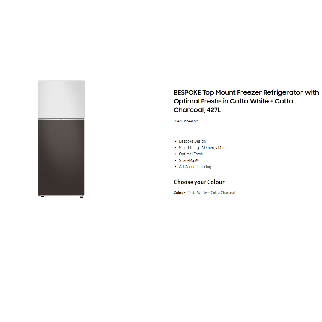 SAMSUNG 427L 2 Doors Bespoke Top Mount Digital Inverter Refrigerator with Optimal Fresh  RT42CB6644C3ME | SpaceMax™ | All-Around Cooling | Multi Flow | Optimal Fresh Zone | Refrigerator with 1 Year Warranty