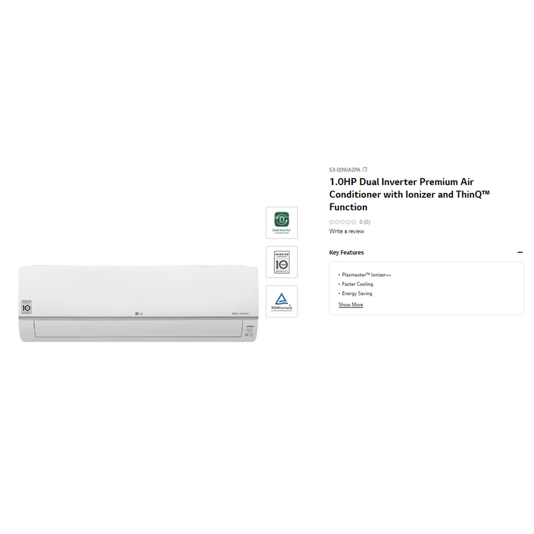 LG 1HP R32 Dual Inverter Wall Mount Air Conditioner S3NQ09JA2PA / S3UQ09JA2PA | Faster Cooling | Energy Saving | Less Noise | Air Conditioner with 2 Year Warranty