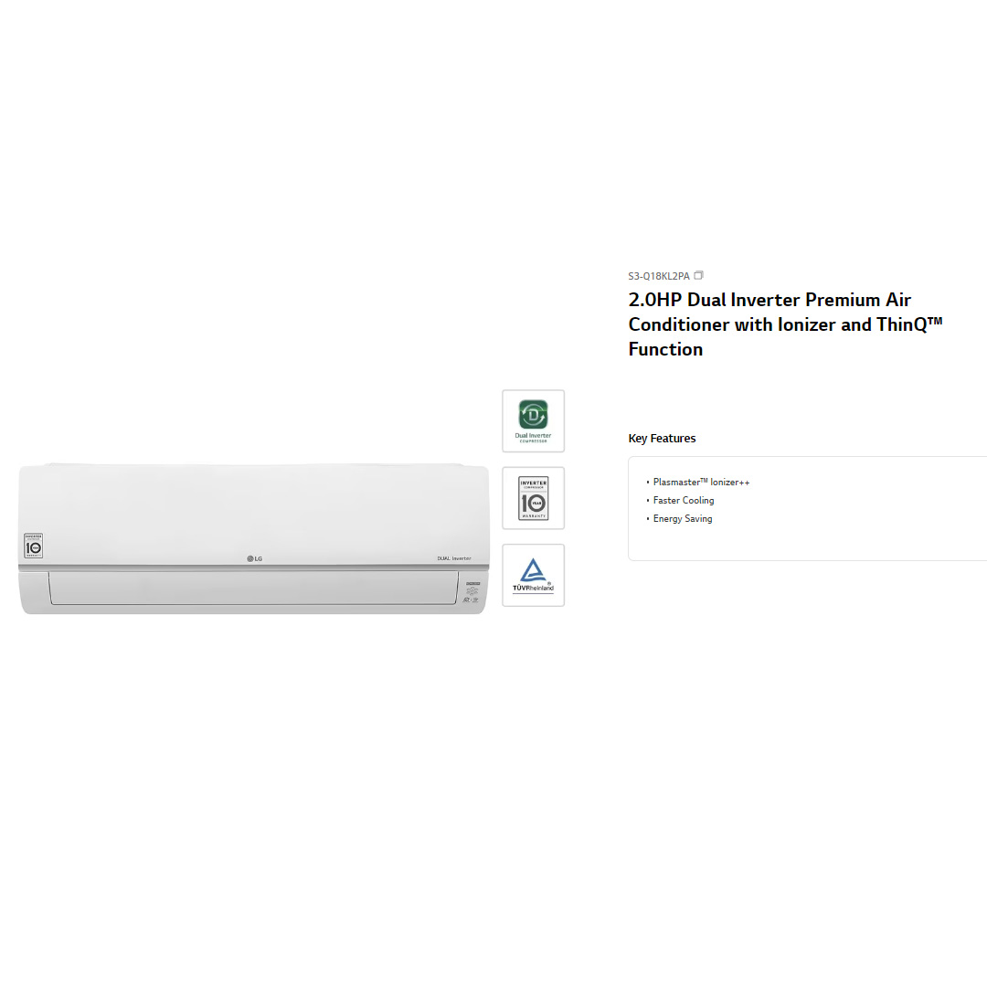 LG 2HP R32 Dual Inverter Wall Mount Air Conditioner S3NQ18KL2PA / S3UQ18KL2PA | Faster Cooling | Energy Saving | Less Noise | Air Conditioner with 2 Year Warranty