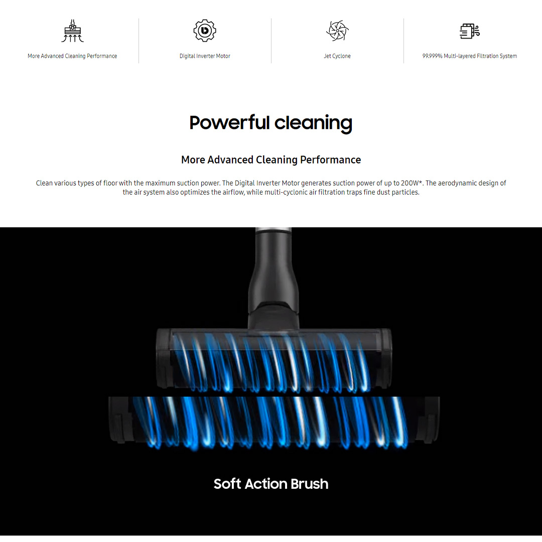 SAMSUNG 200W Jet 75 Premium Cordless Vacuum Cleaner Stick VS20T7538T7/ME | Multi-layered Filtration System | Strong Suction Power | Long-lasting Battery | Stick Vacuums with 2 Years Warranty