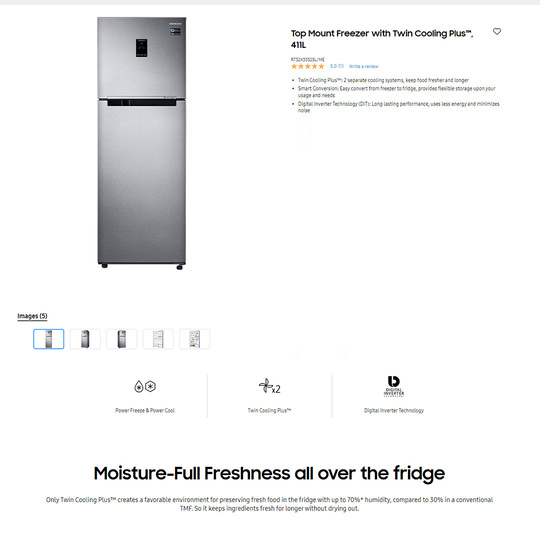 SAMSUNG 411L 2 Doors Top Mount Inverter Refrigerator RT32K5552SL/ME | Twin Cooling Plus | Moisture-Full Freshness | 5 Conversion Modes | Refrigerator with 1 Year General & 10 Year Compressor Warranty