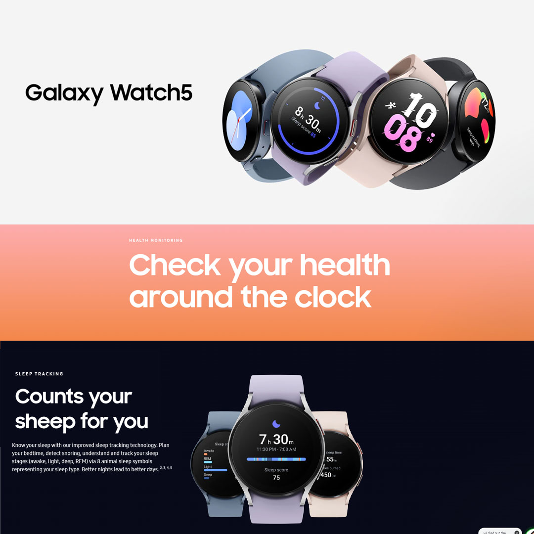 SAMSUNG Galaxy Watch5 Bluetooth 44mm | 1.4 Super AMOLED | 410mAh Battery | Heart Rate Sensor | Camera Controller | WiFi | NFC | GPS | Smart Watch with 1 Year Warranty