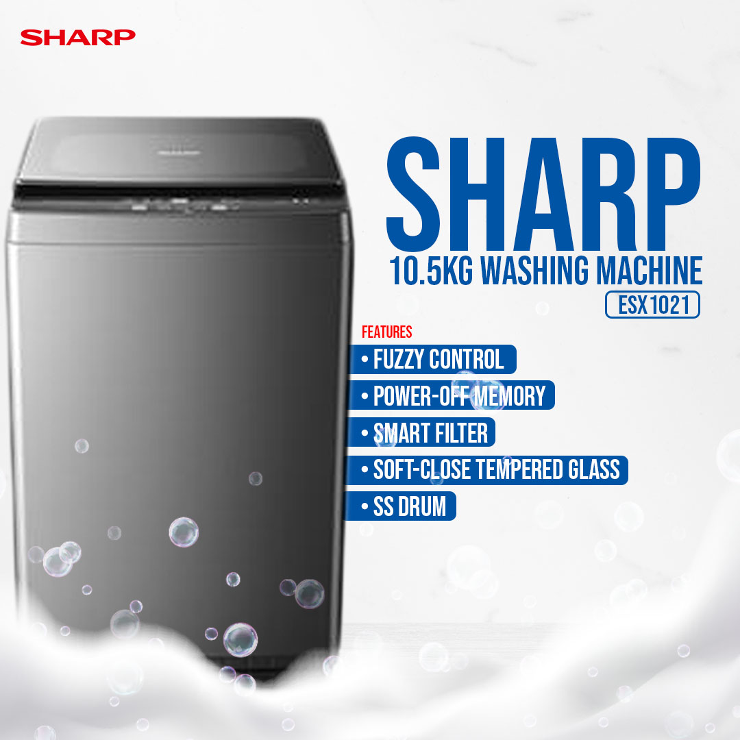 Sharp 10.5KG Top Load Washing Machine ESX1021 | Fuzzy Control | Intelligent Water Fall System | Smart Filter | Soft-Close Tempered Glass | SS Drum | Tub Cleaning | Child Lock | Washing Machine with 2 Year General Warranty & 10 Year Motor Warranty