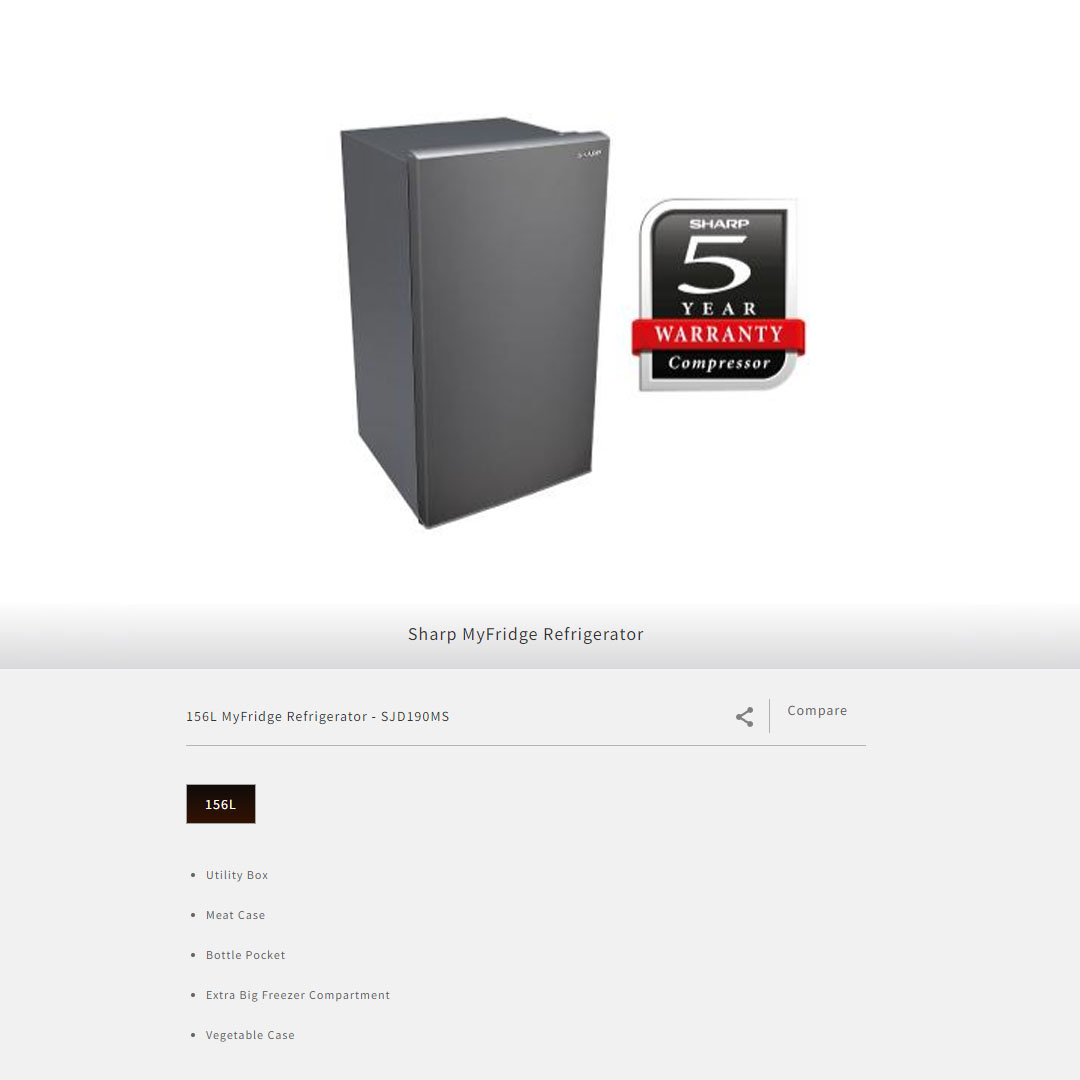 SHARP 156L 1 Door Top Mount Non-Inverter Refrigerator SJD190MS | Utility Box | Meat Case | Extra Big Freezer Compartment | Refrigerator with 1 Year General Warranty & 5 Years Compressor Warranty