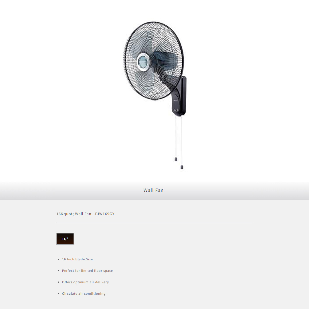 SHARP 16" Wall Fan PJW169GY | 3 Blades | 3 Adjustable Speed | 5 Star Energy Rating | Wall Fan with 1 Year Warranty