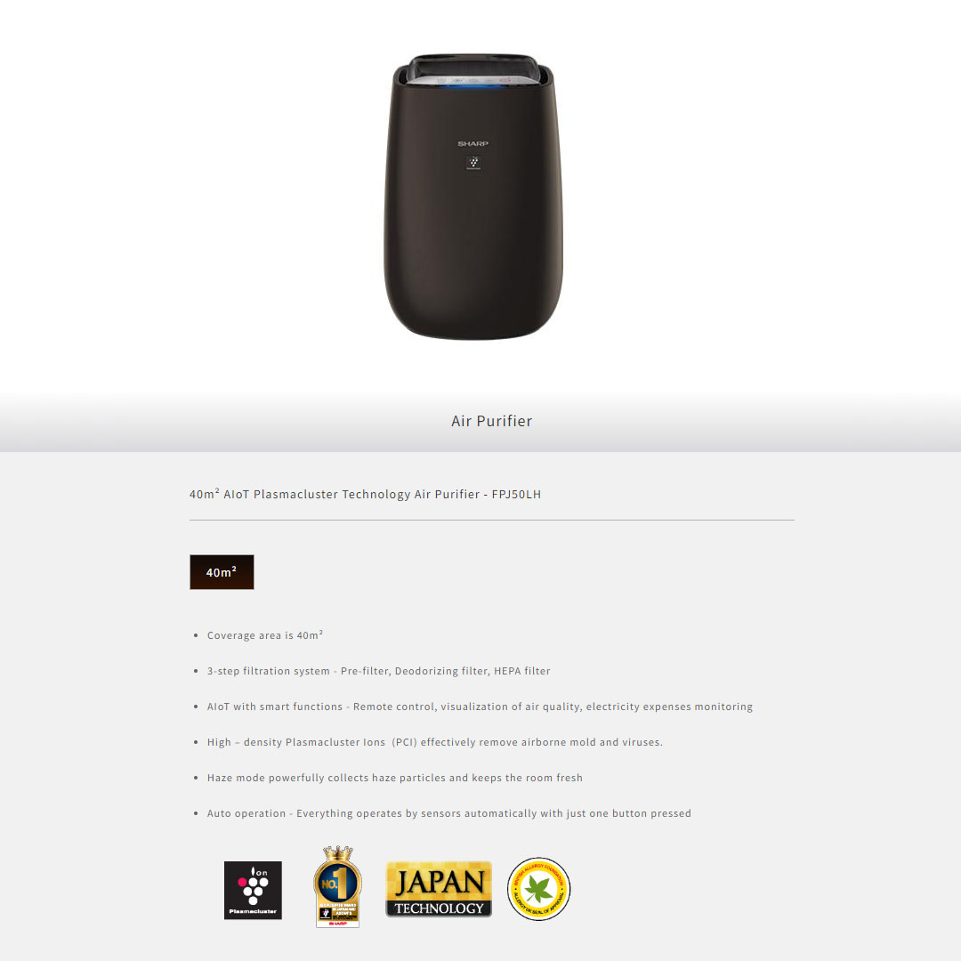 Sharp  40m² AIoT Plasmacluster Technology Air Purifier FPJ50LH | Inverter Operation | Auto Restart | Deodorization | Pre-Filter | Light Control Button | HEPA | Air Purifier with 1 Year Warranty