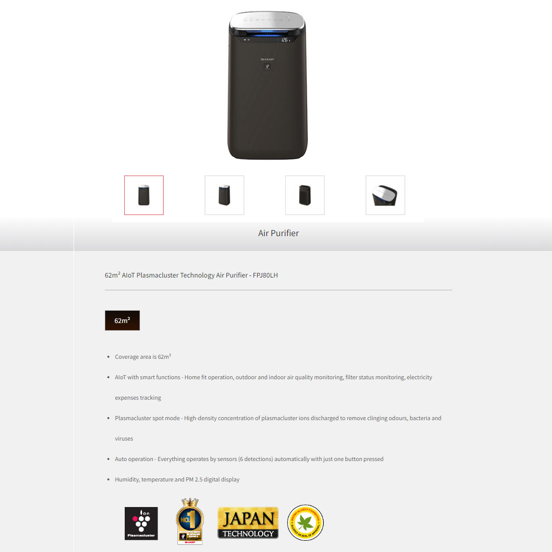 Sharp  62m² AIoT Plasmacluster Technology Air Purifier FPJ80LH | Coverage Area is 62m² | Inverter Operation | Child Lock | Auto Restart | Timer | Eliminates Odors | Remote Control | Air Purifying | Air Purifiers with 1 Year Warranty