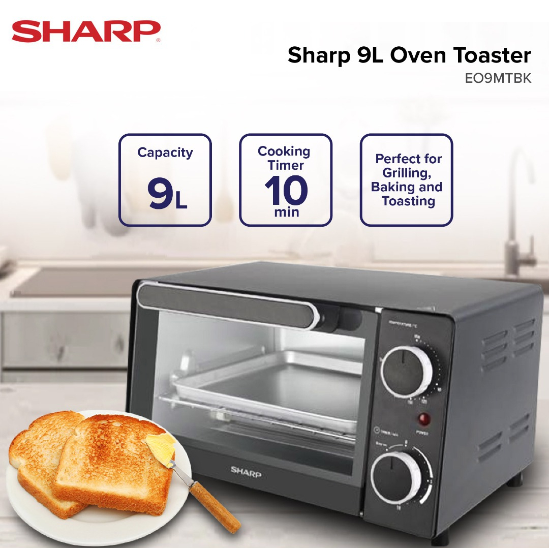 SHARP 9L Oven Toaster EO9MTBK | Perfect for Grilling Baking & Toasting | With Light Indicator | Baking Pan & Wire-rack Included | 10 Mins Timer with Auto Shut Off Function | Oven Toaster with 1 Year Warranty