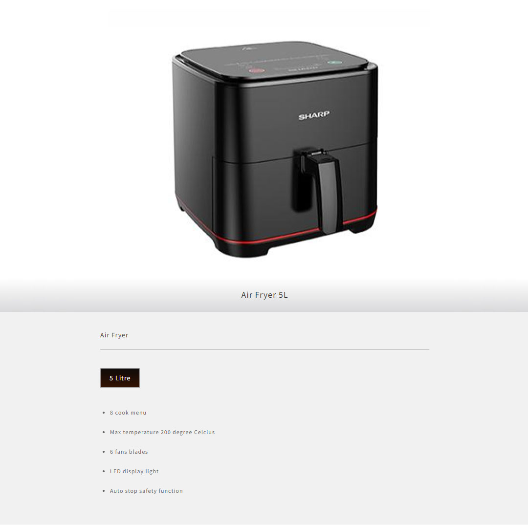 Sharp 5L Air Fryer KFAF50MBK | 8 Cook Menu | 6 Fans Blades | LED Display Light | Auto Stop Safety Function | Max Temperature 200 Degree Celcius | Air Fryer with 1 Year Warranty