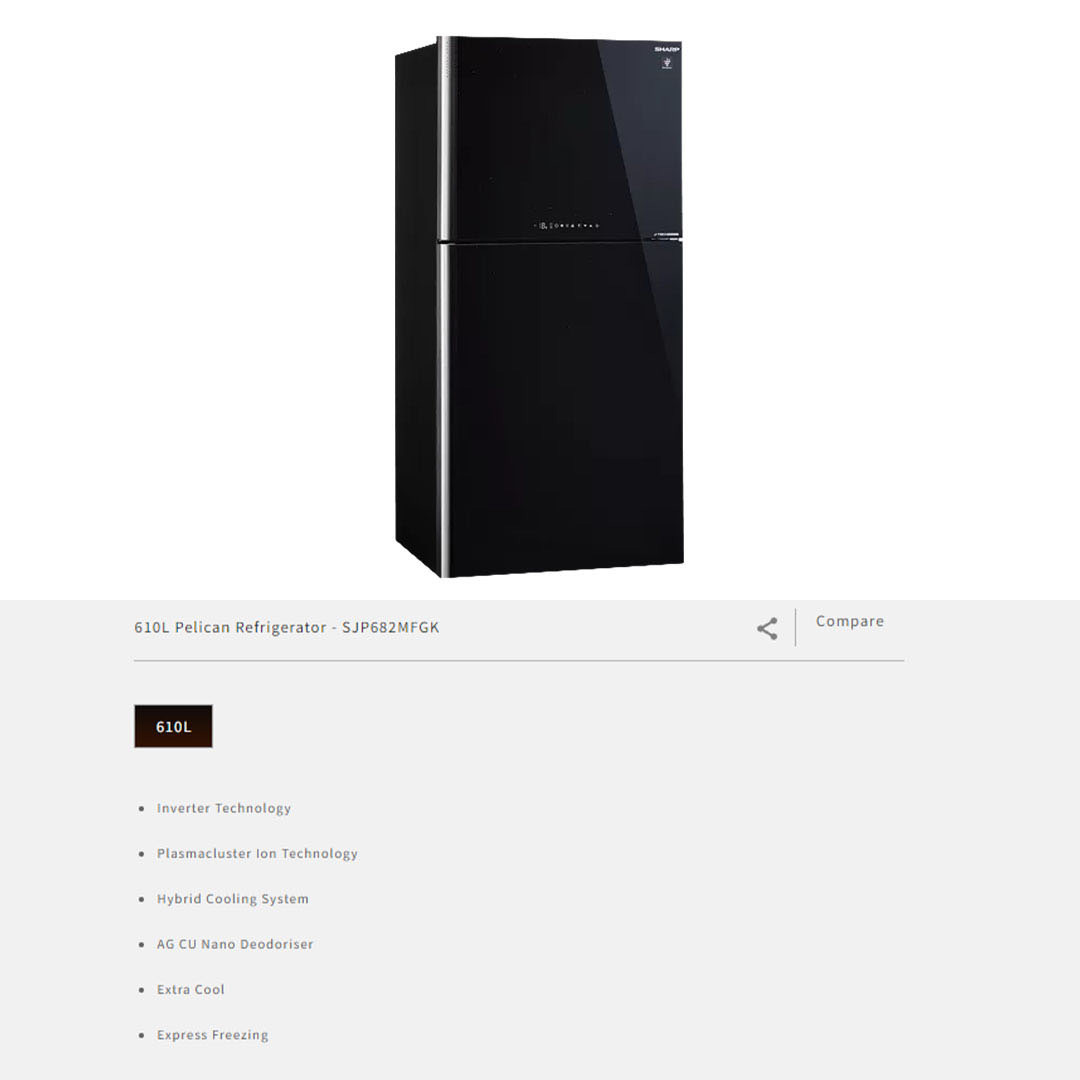 Sharp 610L 2 Doors Top Mount J-Tech Inverter Pelican Refrigerator SJP682MFGK | Plasmacluster Ion Technology | Hybrid Cooling System | AG CU Nano Deodoriser | Express Freezing | Refrigerator with 1 Year General & 12 Year Motor Warranty