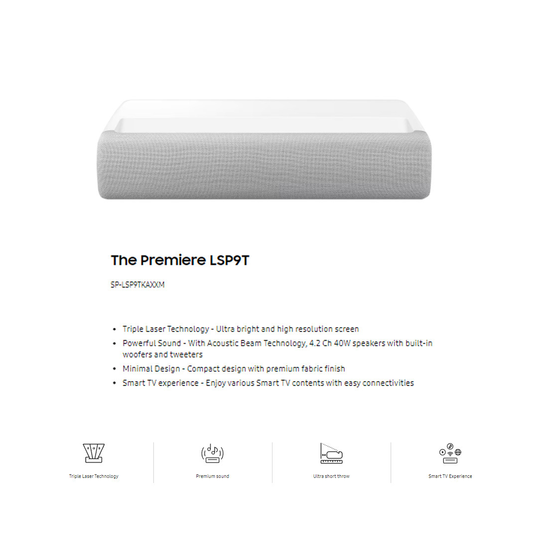 SAMSUNG The Premiere 4K Triple Laser Projector SP-LSP7TKAXXM | Laser Technology | Powerful Sound | Ultra Short Throw | Smart TV Experience | Projector with 2 Year Warranty