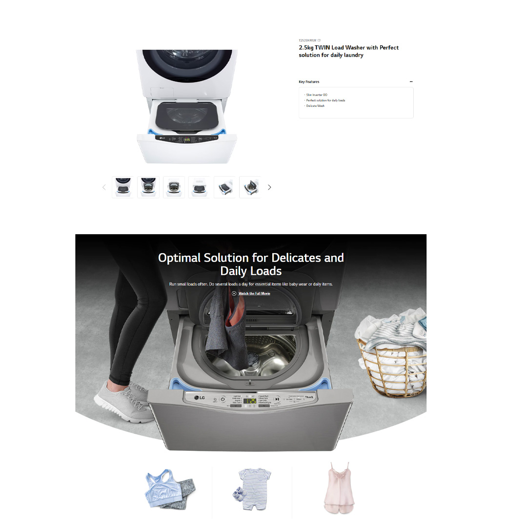 LG 2.5KG TWIN Load Washer with Perfect solution for daily laundry T2525NWLW | Smart Diagnosis™ | Tub Clean | ThinQ™ | Washing Machine with 1 Year Warranty