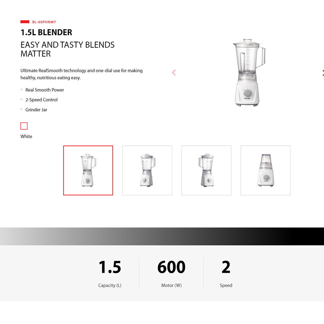 TOSHIBA 1.5L Jug Blender BL-60PHNMY | 600W Motor | Simple 2 Speed Knob | Safety Lock | Auto Protect | Antiflow Lid | Fine Cutting | Blender with 1 Year Warranty