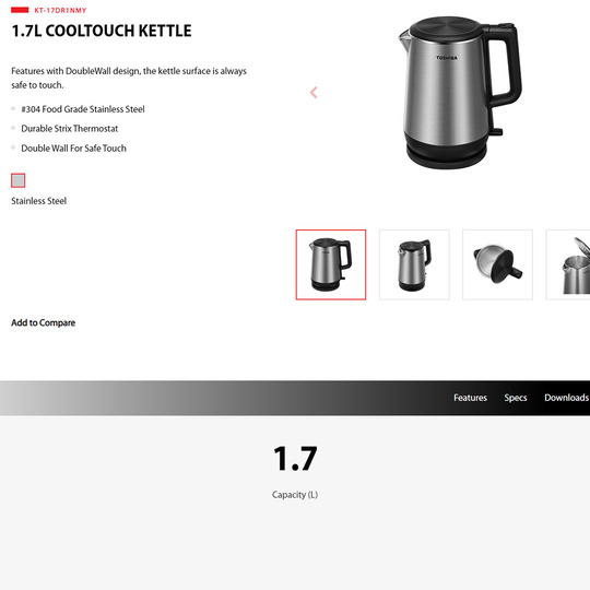 TOSHIBA 1.7L Kettle KT-17DR1NMY | Stainless Steel | CoolTouch | Auto Shut-off Protection | Concealed Heating Element | Kettle with 1 Year Warranty