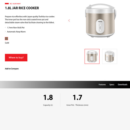 TOSHIBA 1.8L Jar Rice Cooker RC-18JR1NMY | 1.7mm Inner Pot | Non-Stick Coating | Rice Cooker with 1 Year Warranty