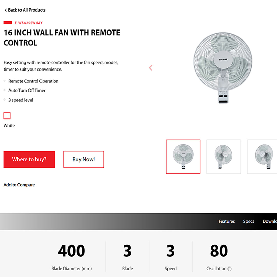 TOSHIBA 16" Wall Fan F-WSA20(W)MY | Remote Control Operation | 3 Speed Adjustable | Auto Turn Off Timer | Wall Fan with 1 Year Warranty